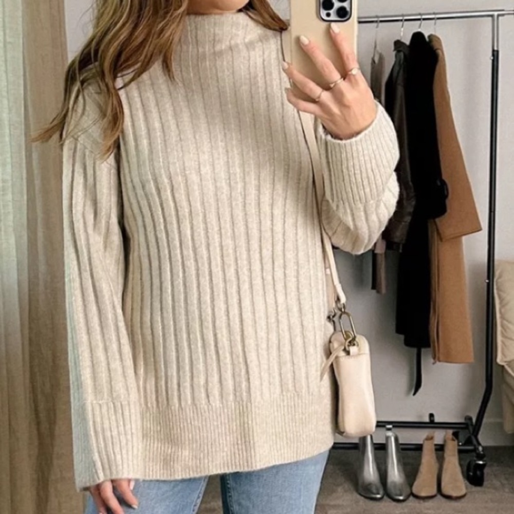 NEW! Abercrombie & Fitch Tan Ribbed Funnel Neck Tunic Sweater M Longer Length